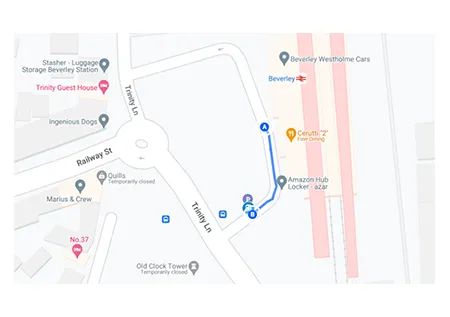 Beverley station rail replacement stop location on a map